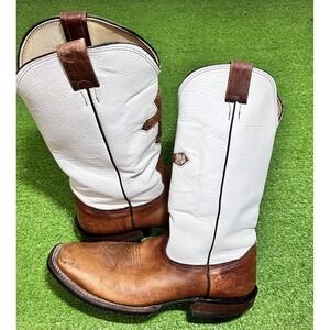 Larry Mahan Brown Leather Square Toe Calf Hair Cross Western Cowboy Boots 11